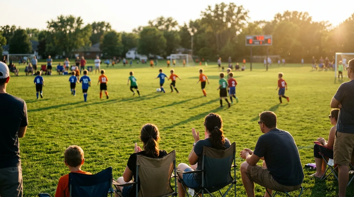 Parents watching a youth soccer game from camp chairs along the sideline in evening light, with a scoreboard at the far end of the field.