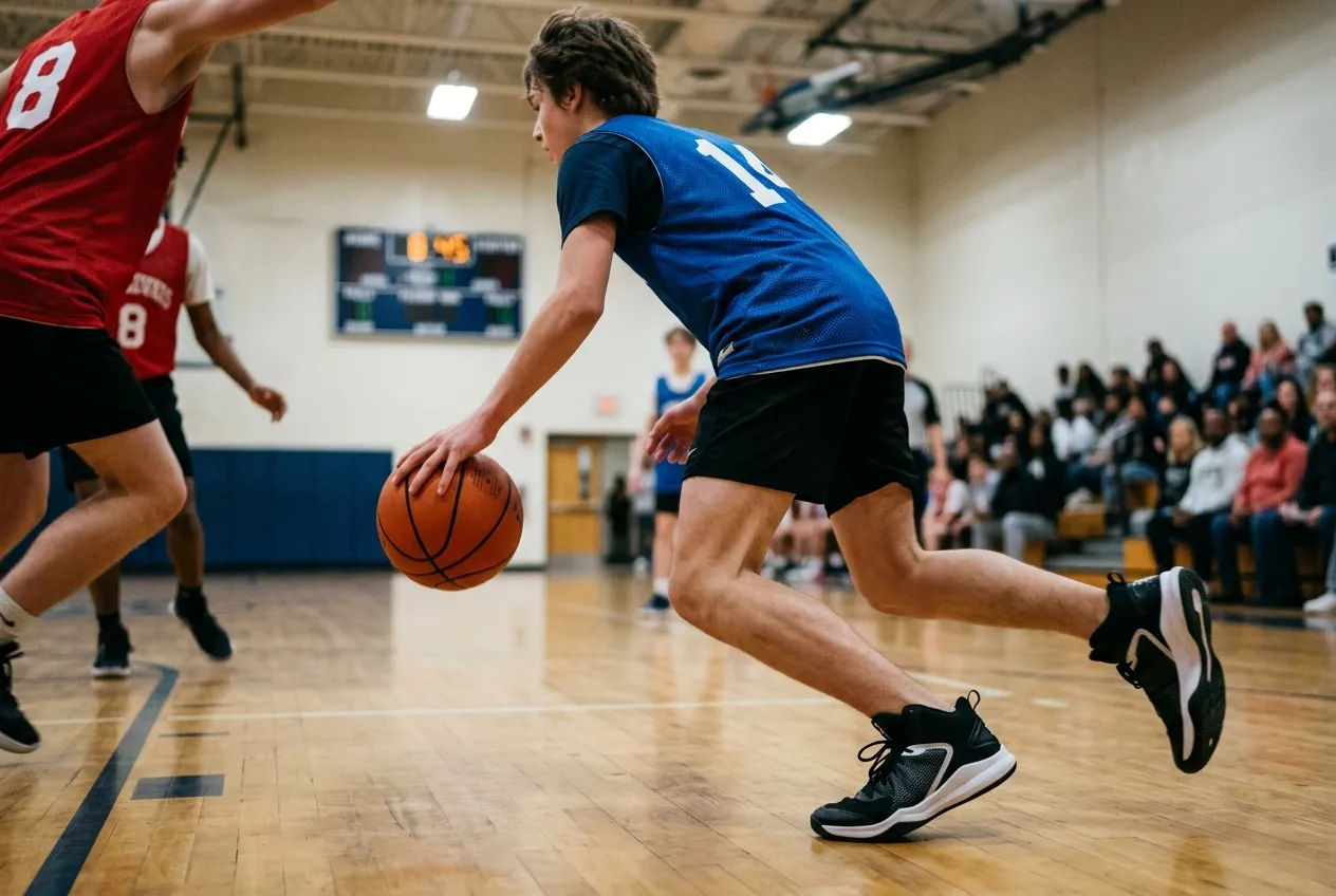 A youth basketball player in a blue jersey dribbles up the court of a school gymnasium while spectators watch from the bleachers.