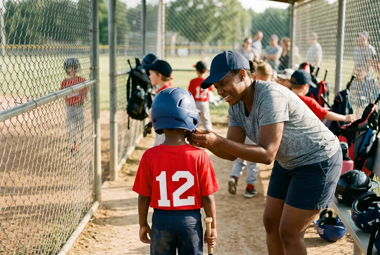 In a dugout before a game, a coach fastens the chin strap of a young player's batting helmet while teammates and families gather along the fence.